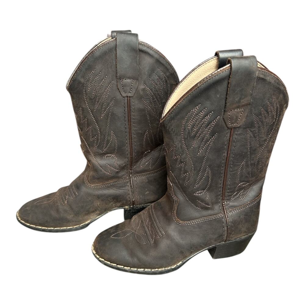 Old West Brown Leather Western Cowboy Boots Kids Size 12.5 Youth Embroidered